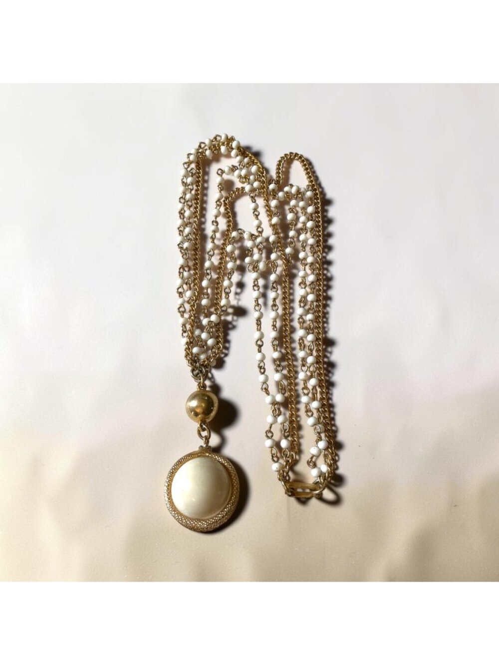 Vintage Multi-Strand Gold-Tone Necklace With Faux Pearls & Statement Pendant